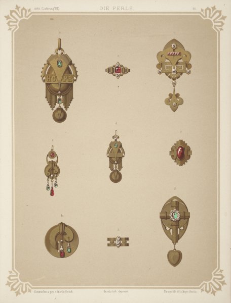 Main Product Photo of Nine Designs For Jewelry, Including Gold Brooch With Green Stones And Word Hope.  Painting by Martin Gerlach