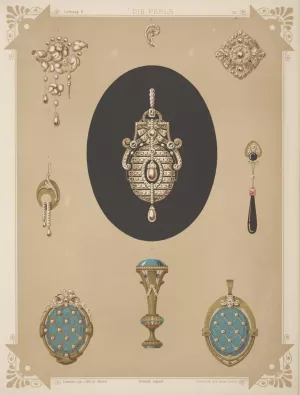 Nine Designs For Jewelry, Including Large Brooch Of Pearls And Diamonds. by Martin Gerlach Oil Painting