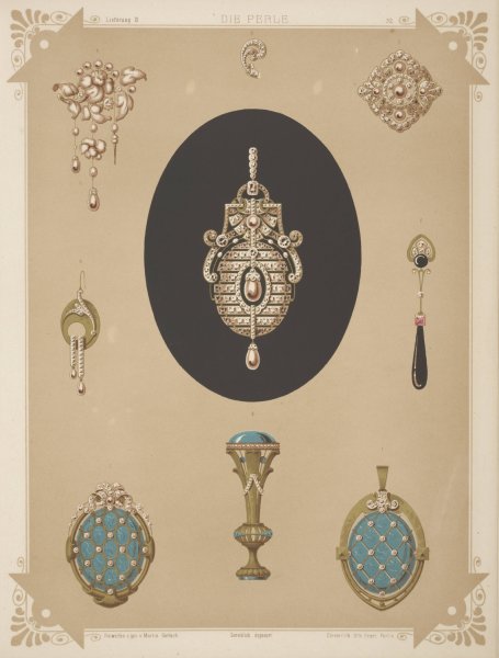 Main Product Photo of Nine Designs For Jewelry, Including Large Brooch Of Pearls And Diamonds.  Painting by Martin Gerlach