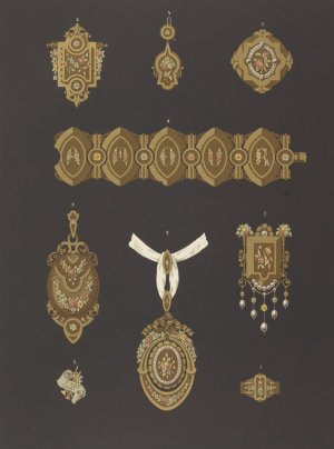 Nine Designs For Jewelry, Including Large Gold Pendant With Green, Yellow, And Pink Flowers. by Martin Gerlach Oil Painting