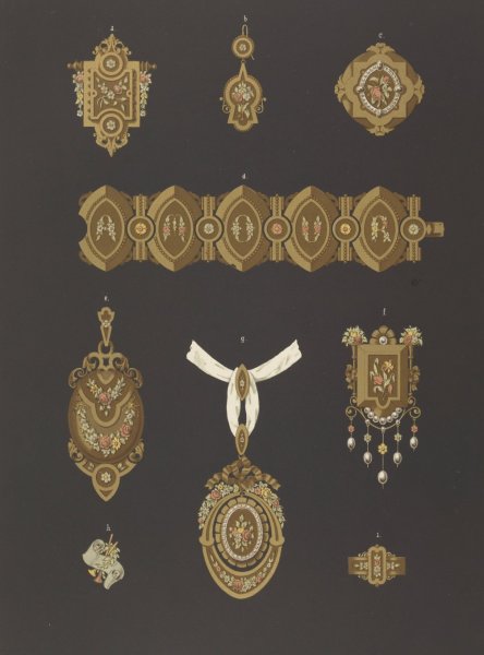Main Product Photo of Nine Designs For Jewelry, Including Large Gold Pendant With Green, Yellow, And Pink Flowers.  Painting by Martin Gerlach