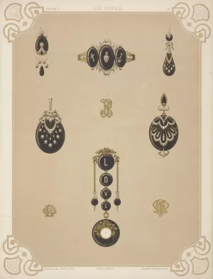 Nine Designs For Jewelry, Including Pendant Watch With Word Love In Diamonds. by Martin Gerlach Oil Painting
