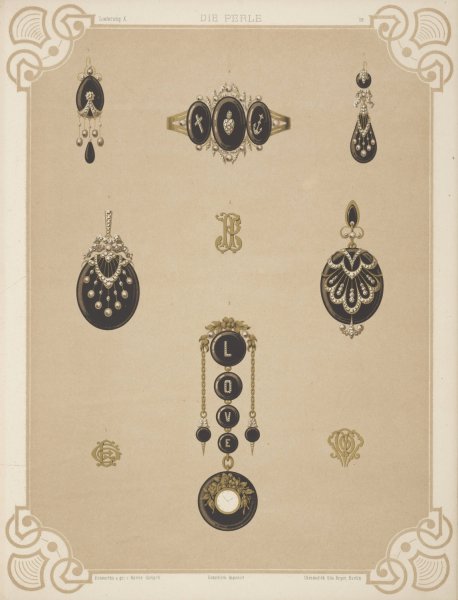 Main Product Photo of Nine Designs For Jewelry, Including Pendant Watch With Word Love In Diamonds.  Painting by Martin Gerlach