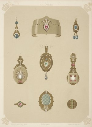 Nine Designs For Jewelry, Including Pointed Gold Bracelet With Red Stone And Diamonds. by Martin Gerlach Oil Painting