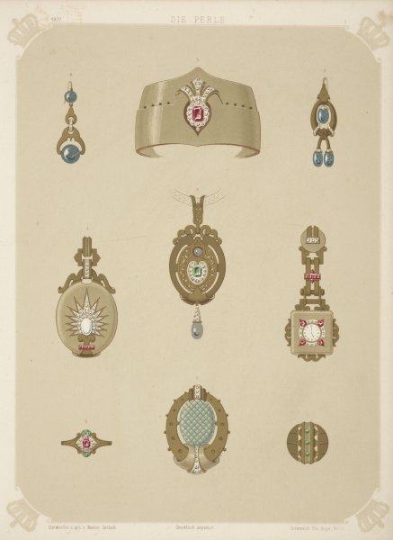 Main Product Photo of Nine Designs For Jewelry, Including Pointed Gold Bracelet With Red Stone And Diamonds.  Painting by Martin Gerlach