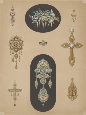 Nine Designs For Jewelry, Including Two Large Pins With Blue Stones And Diamonds. by Martin Gerlach Oil Painting