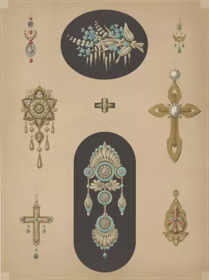 Nine Designs For Jewelry, Including Two Large Pins With Blue Stones And Diamonds. by Martin Gerlach Oil Painting