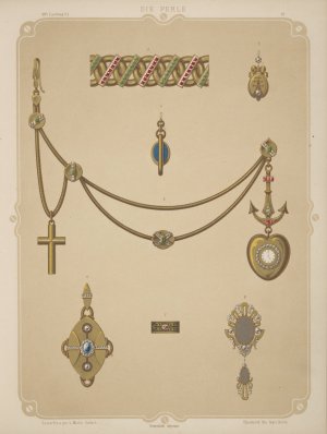 Seven Designs For Jewelry, Including Heart-Shaped Pendant Watch On Gold Anchor With Gold Chain And Cross. by Martin Gerlach Oil Painting