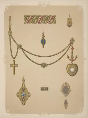Seven Designs For Jewelry, Including Heart-Shaped Pendant Watch On Gold Anchor With Gold Chain And Cross. Oil painting by Martin Gerlach