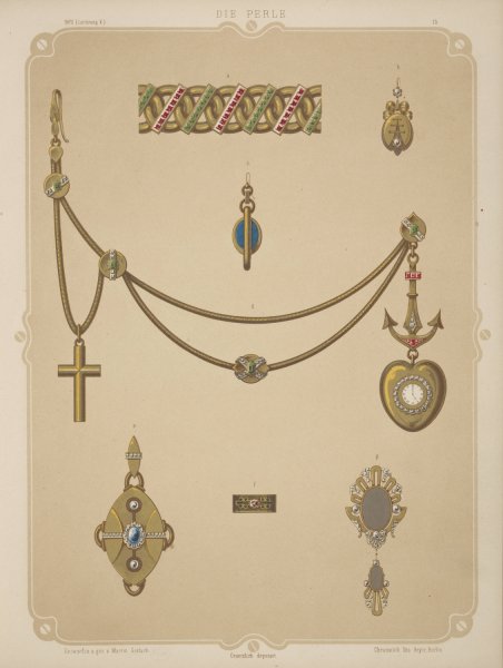 Main Product Photo of Seven Designs For Jewelry, Including Heart-Shaped Pendant Watch On Gold Anchor With Gold Chain And Cross.  Painting by Martin Gerlach