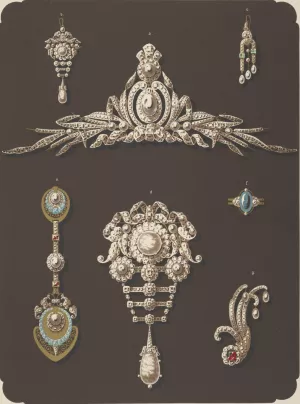 Seven Designs For Jewelry, Including Large Pearl And Diamond Brooch. by Martin Gerlach Oil Painting