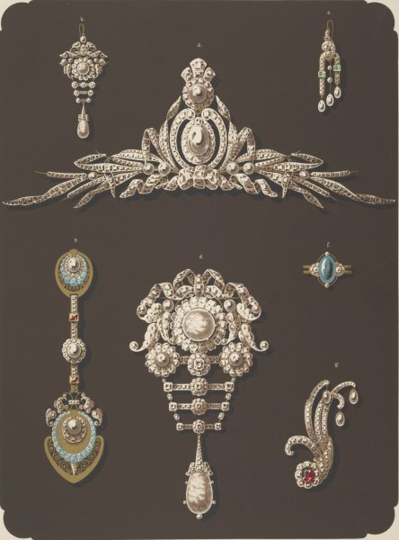Main Product Photo of Seven Designs For Jewelry, Including Large Pearl And Diamond Brooch.  Painting by Martin Gerlach