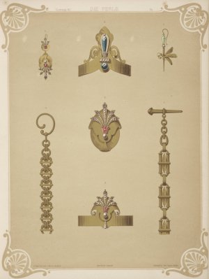Seven Designs For Jewelry, Including Pointed Gold Armband With Blue Stones. by Martin Gerlach Oil Painting