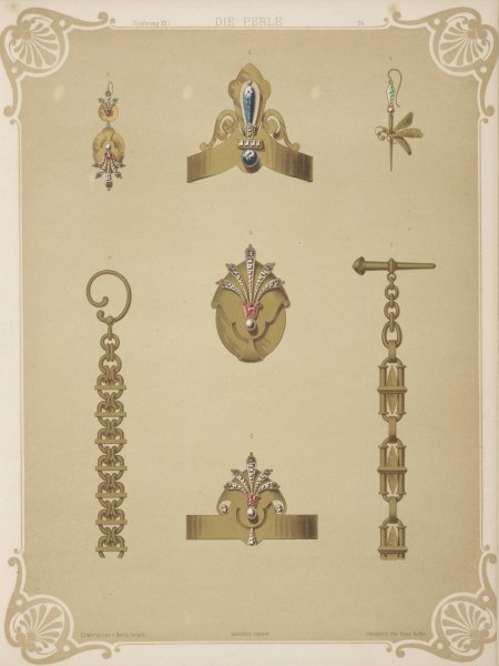 Main Product Photo of Seven Designs For Jewelry, Including Pointed Gold Armband With Blue Stones.  Painting by Martin Gerlach