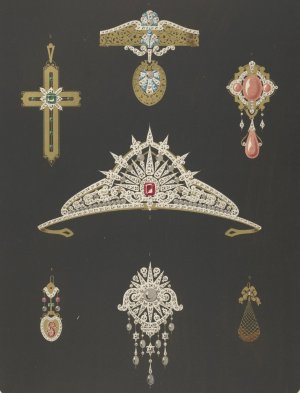 Seven Designs For Jewelry, Including Tiara With Red Stone. by Martin Gerlach Oil Painting