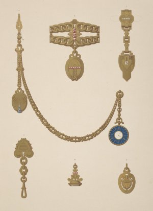 Six Designs For Jewelry, Including Gold And Blue Pendant Watch. by Martin Gerlach Oil Painting