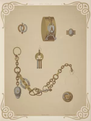 Six Designs For Jewelry, Including Gold Bracelet With Design Of Lock And Two Keys. by Martin Gerlach Oil Painting