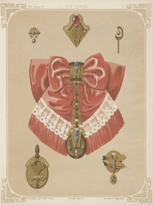 Six Designs For Jewelry, Including Gold Brooch And Pendant With Pink And Lace Bow. by Martin Gerlach Oil Painting