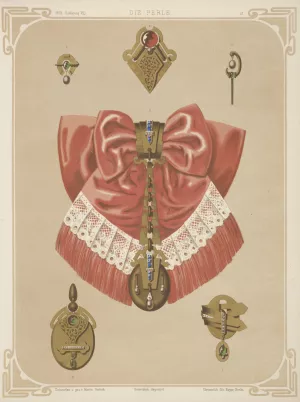 Six Designs For Jewelry, Including Gold Brooch And Pendant With Pink And Lace Bow. by Martin Gerlach Oil Painting