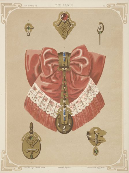 Main Product Photo of Six Designs For Jewelry, Including Gold Brooch And Pendant With Pink And Lace Bow.  Painting by Martin Gerlach