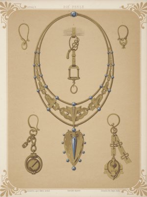 Six Designs For Jewelry, Including Large Necklace With Gold Pendant With Blue Stones. by Martin Gerlach Oil Painting