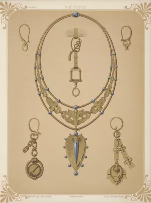 Six Designs For Jewelry, Including Large Necklace With Gold Pendant With Blue Stones. by Martin Gerlach Oil Painting