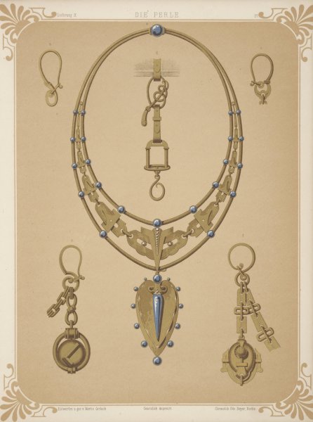 Main Product Photo of Six Designs For Jewelry, Including Large Necklace With Gold Pendant With Blue Stones.  Painting by Martin Gerlach
