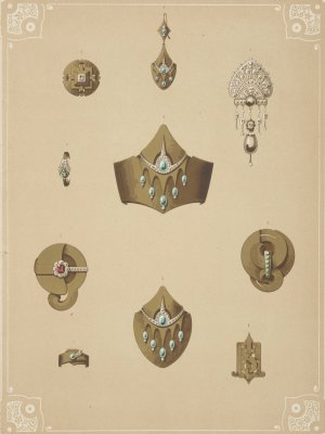 Ten Designs For Jewelry, Including Gold Pointed Bracelet With Green Stones. by Martin Gerlach Oil Painting