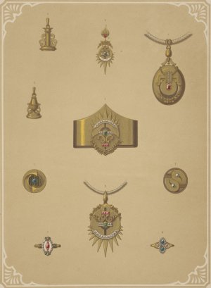 Ten Designs For Jewelry, Including Pointed Gold Bracelet With Diamonds And Red And Green Stones. by Martin Gerlach Oil Painting