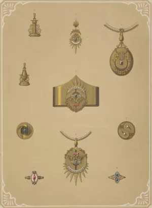 Ten Designs For Jewelry, Including Pointed Gold Bracelet With Diamonds And Red And Green Stones. by Martin Gerlach Oil Painting