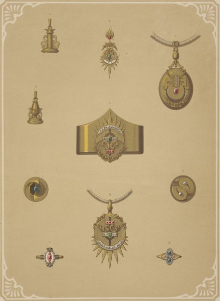Main Product Photo of Ten Designs For Jewelry, Including Pointed Gold Bracelet With Diamonds And Red And Green Stones.  Painting by Martin Gerlach