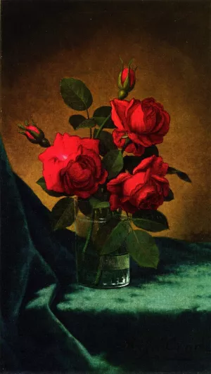 Crimson Roses in a Glass by Martin Johnson Heade - Oil Painting Reproduction