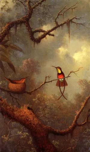 Cromson Topaz Hummingbirds Nesting in a Tropical Forest by Martin Johnson Heade - Oil Painting Reproduction