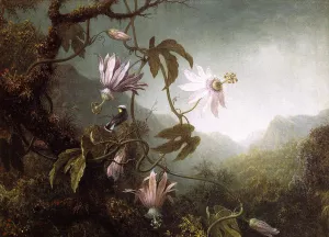Hummingbird Perched near Passion Flowers by Martin Johnson Heade - Oil Painting Reproduction