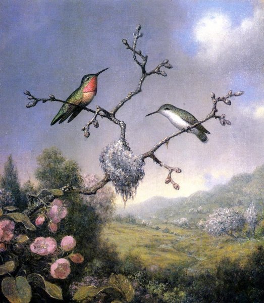 Hummingbirds and Apple Blossoms by Martin Johnson Heade - Hand-Painted Oil Painting Reproduction