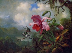 Orchid and Hummingbirds near a Mountain Lake