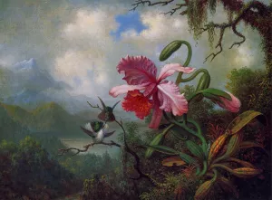 Orchid and Hummingbirds near a Mountain Lake by Martin Johnson Heade - Oil Painting Reproduction