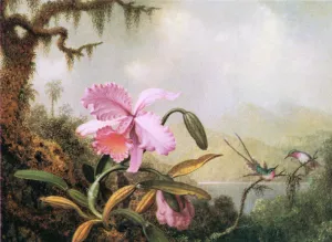 Orchids and Hummingbirds near a Mountain Lake Oil painting by Martin Johnson Heade