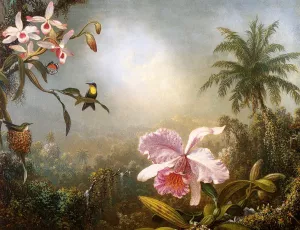Orchids, Nesting Hummingbirds and a Butterfly painting by Martin Johnson Heade