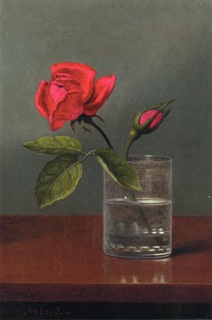 Red Rose and Bud in a Tumbler on a Shiny Table by Martin Johnson Heade Oil Painting