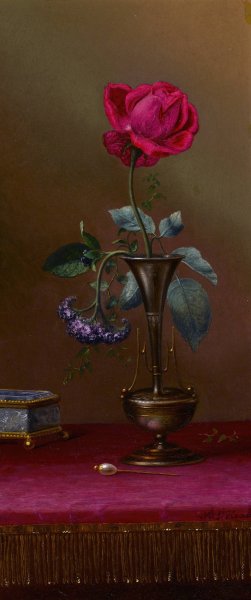 Red Rose and Heliotrope in a Vase  by Martin Johnson Heade - Hand-Painted Oil Painting Reproduction