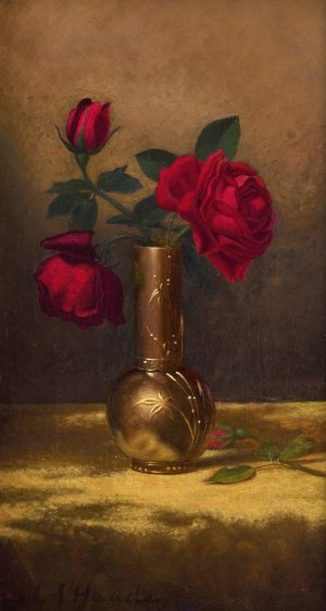 Red Roses in a Japanese Vase on a Gold Velvet Cloth by Martin Johnson Heade Oil Painting