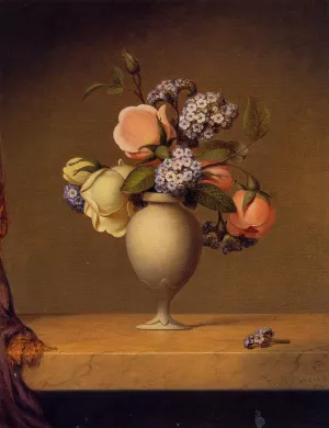 Roses and Heliotrope in a Vase on a Marble Tabletop by Martin Johnson Heade - Oil Painting Reproduction