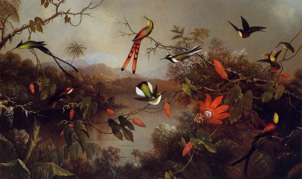 Main Product Photo of Tropical Landscape with Ten Hummingbirds Painting by Martin Johnson Heade