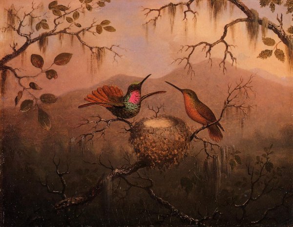 Main Product Photo of Two Hummingbirds at a Nest Painting by Martin Johnson Heade