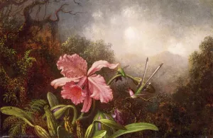 Two Hummingbirds by an Orchid painting by Martin Johnson Heade