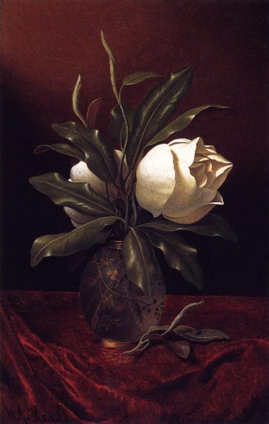 Two Magnolia Blossoms in a Glass Vase by Martin Johnson Heade - Hand-Painted Oil Painting Reproduction