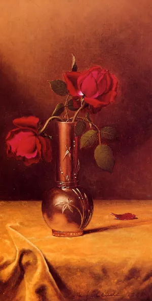 Two Red Roses in a Bronze Vase by Martin Johnson Heade - Oil Painting Reproduction