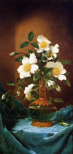 White Cherokee Roses in a Salamander Vase painting by Martin Johnson Heade
