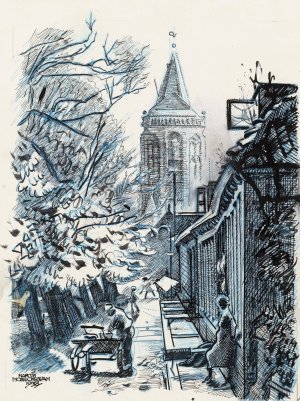 Straatje met gezicht op de St. Nicolaaskerk te Monnickendam by Martin Monnickendam Oil Painting